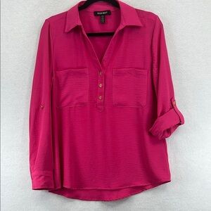 Ellen Tracy Women’s Blouse Top Sz S Pink Textured Polyester L/S Roll-Tabs EUC